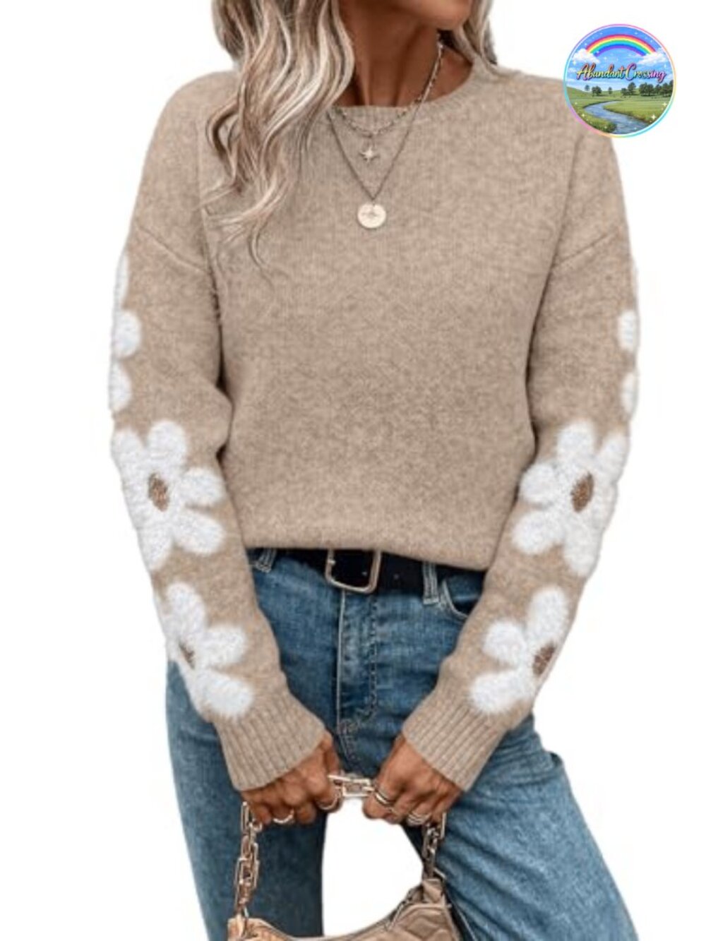 Floral Crewneck Long Sleeve Drop Shoulder Sweater Pullover